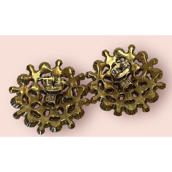 Vintage Signed Givenchy Yellow Rhinestone Earrings Starburst Round Pierced - Picture 5 of 7